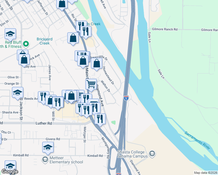 map of restaurants, bars, coffee shops, grocery stores, and more near 550 Walton Drive in Red Bluff