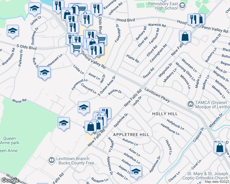 map of restaurants, bars, coffee shops, grocery stores, and more near 622 Keston Drive in Fairless Hills