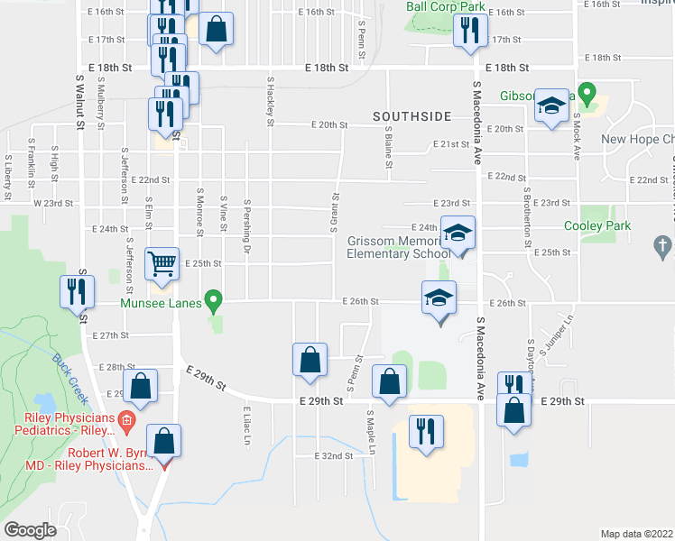 map of restaurants, bars, coffee shops, grocery stores, and more near 3210 South Grant Street in Muncie