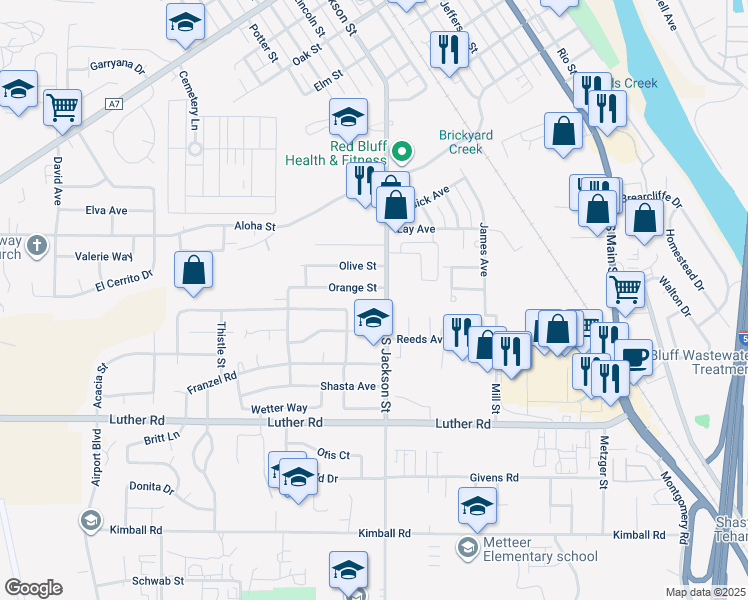 map of restaurants, bars, coffee shops, grocery stores, and more near 512 South Jackson Street in Red Bluff
