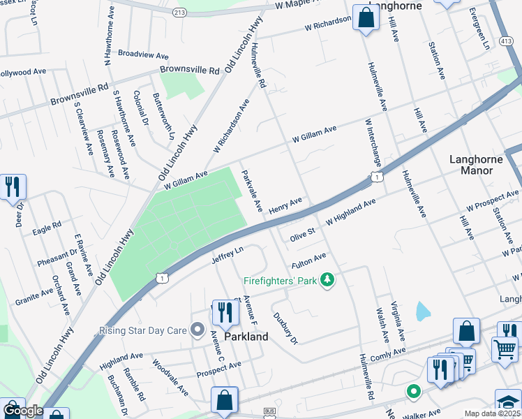 map of restaurants, bars, coffee shops, grocery stores, and more near 539 Parkvale Avenue in Langhorne