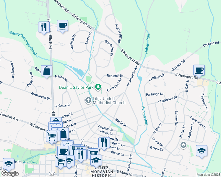 map of restaurants, bars, coffee shops, grocery stores, and more near 33 Brookfield Road in Lititz