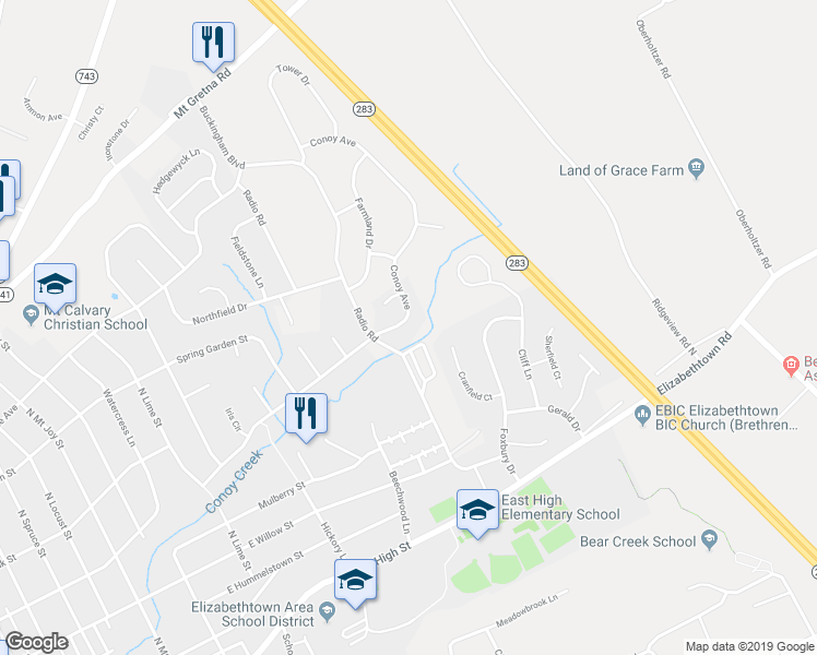 map of restaurants, bars, coffee shops, grocery stores, and more near 224 Conoy Avenue in Elizabethtown