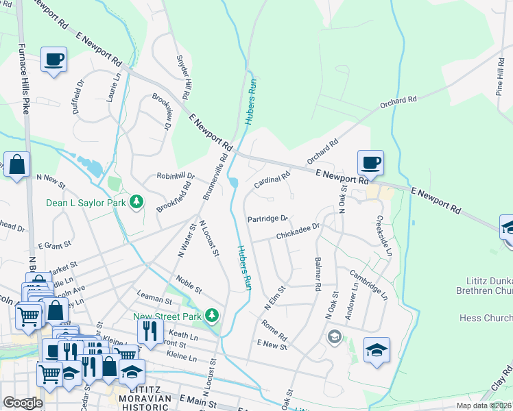 map of restaurants, bars, coffee shops, grocery stores, and more near 335 Cardinal Road in Lititz