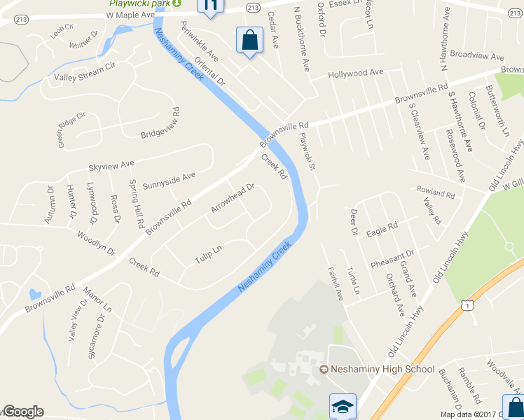 map of restaurants, bars, coffee shops, grocery stores, and more near 2735 Arrowhead Drive in Langhorne