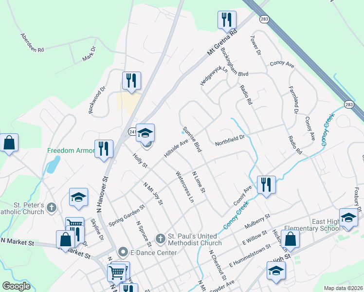 map of restaurants, bars, coffee shops, grocery stores, and more near 402 Sunrise Boulevard in Elizabethtown