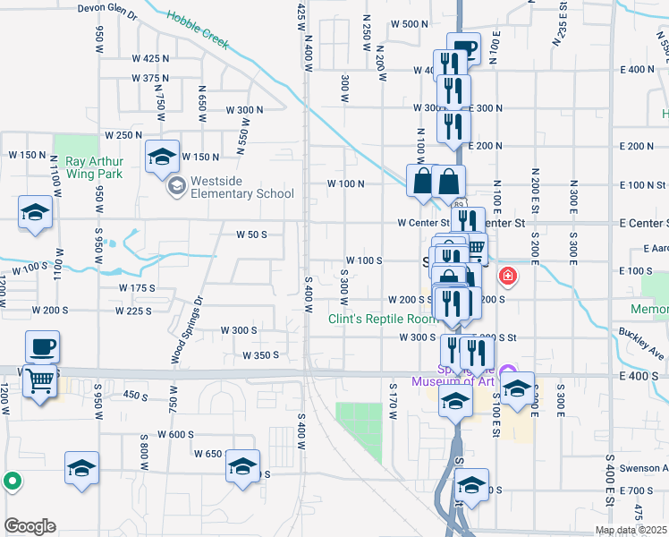 map of restaurants, bars, coffee shops, grocery stores, and more near 320 West 100 South in Springville