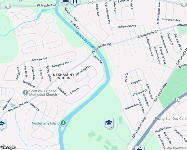 map of restaurants, bars, coffee shops, grocery stores, and more near 2735 Arrowhead Drive in Langhorne