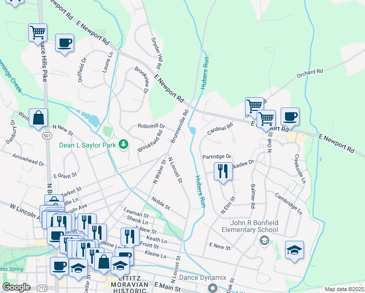 map of restaurants, bars, coffee shops, grocery stores, and more near 649 Brunnerville Road in Lititz