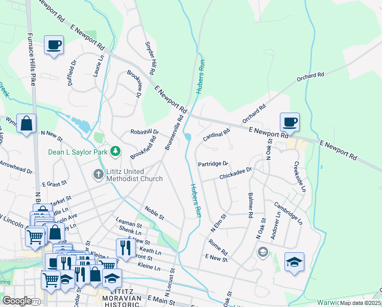 map of restaurants, bars, coffee shops, grocery stores, and more near 336 Cardinal Road in Lititz
