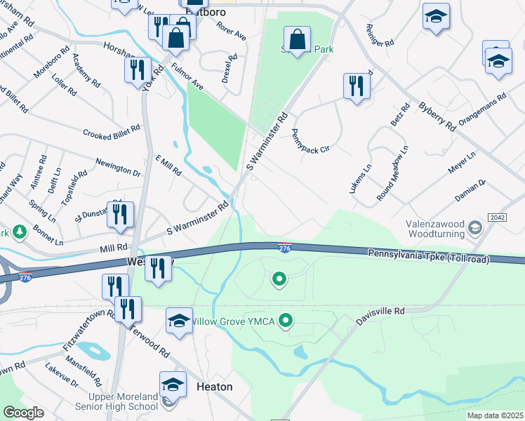 map of restaurants, bars, coffee shops, grocery stores, and more near 503 South Warminster Road in Hatboro