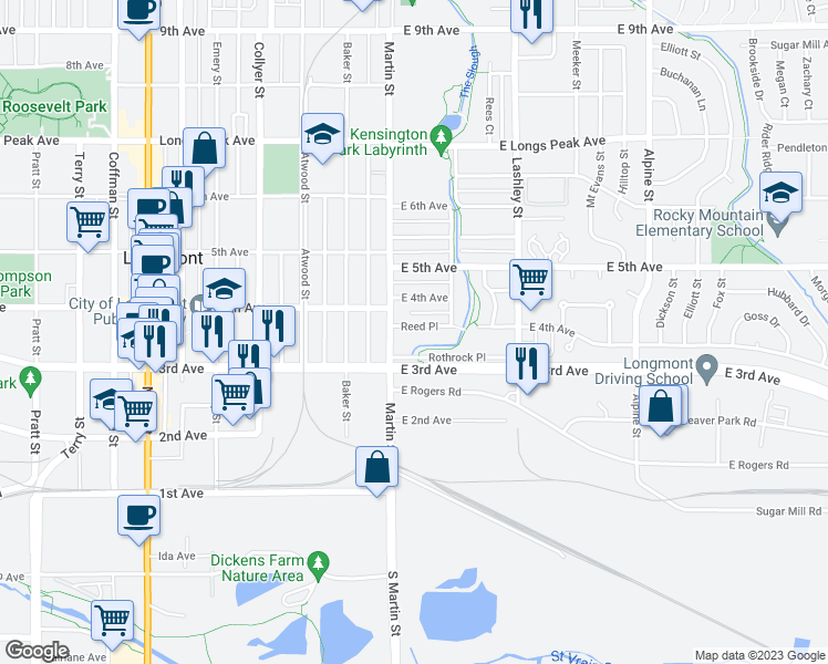 map of restaurants, bars, coffee shops, grocery stores, and more near 19 Reed Place in Longmont