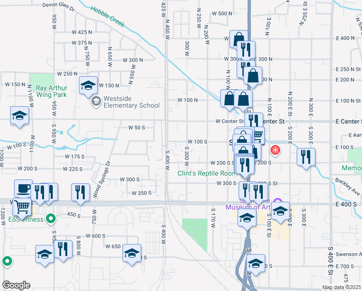 map of restaurants, bars, coffee shops, grocery stores, and more near 320 West 100 South in Springville