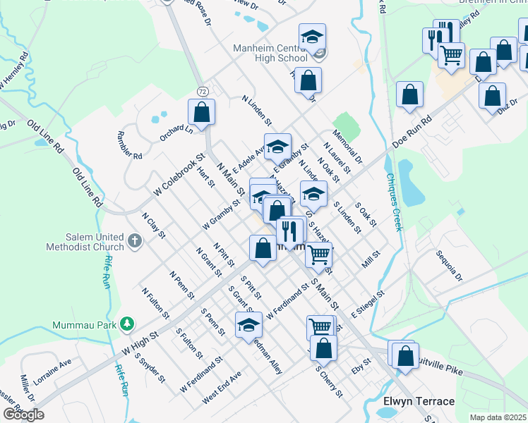 map of restaurants, bars, coffee shops, grocery stores, and more near 61 North Main Street in Manheim