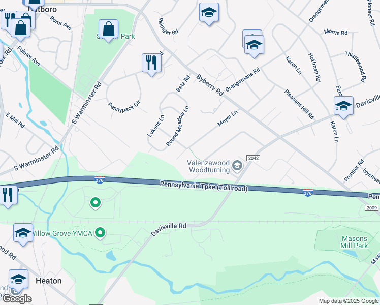 map of restaurants, bars, coffee shops, grocery stores, and more near 3717 Meyer Lane in Hatboro