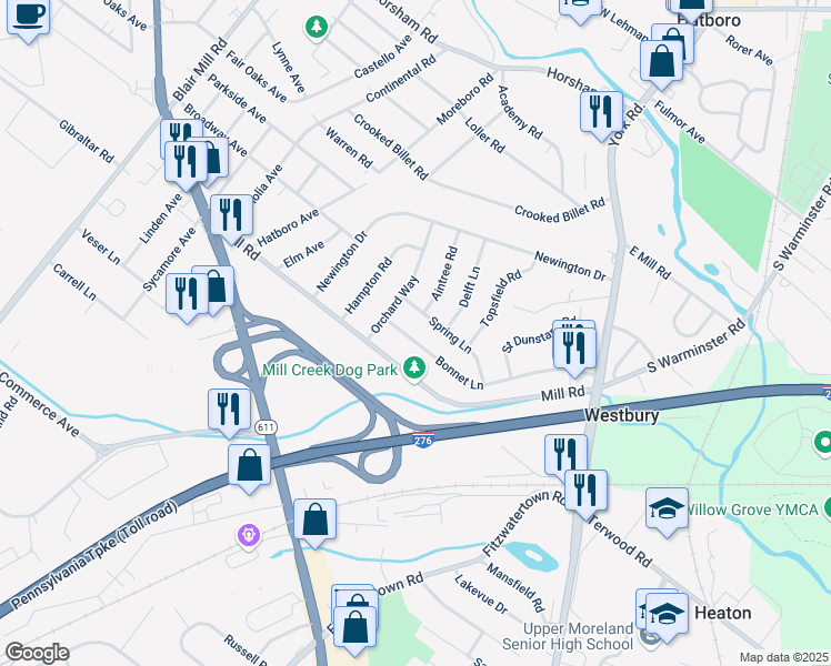 map of restaurants, bars, coffee shops, grocery stores, and more near 128 Bonnet Lane in Hatboro