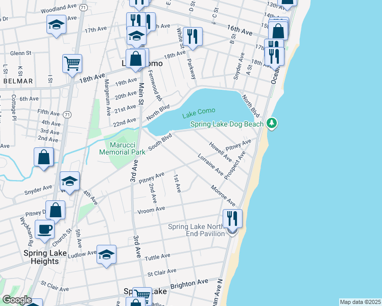 map of restaurants, bars, coffee shops, grocery stores, and more near 216 Lorraine Avenue in Spring Lake