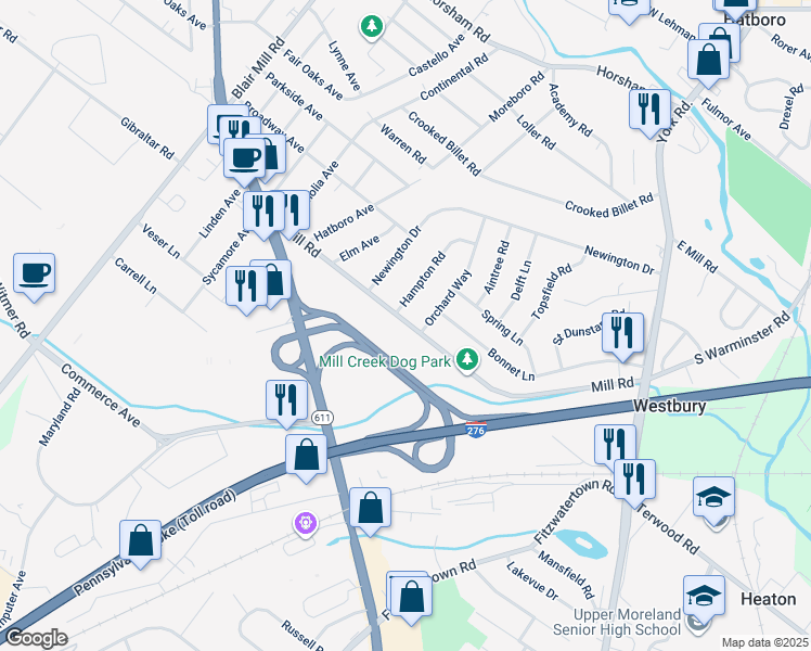 map of restaurants, bars, coffee shops, grocery stores, and more near 3550 Mill Road in Hatboro