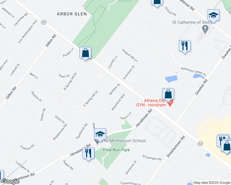 map of restaurants, bars, coffee shops, grocery stores, and more near 1729 Brittany Drive in Maple Glen