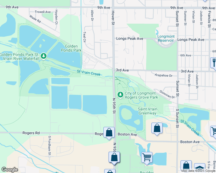 map of restaurants, bars, coffee shops, grocery stores, and more near 203 Hover Street in Longmont