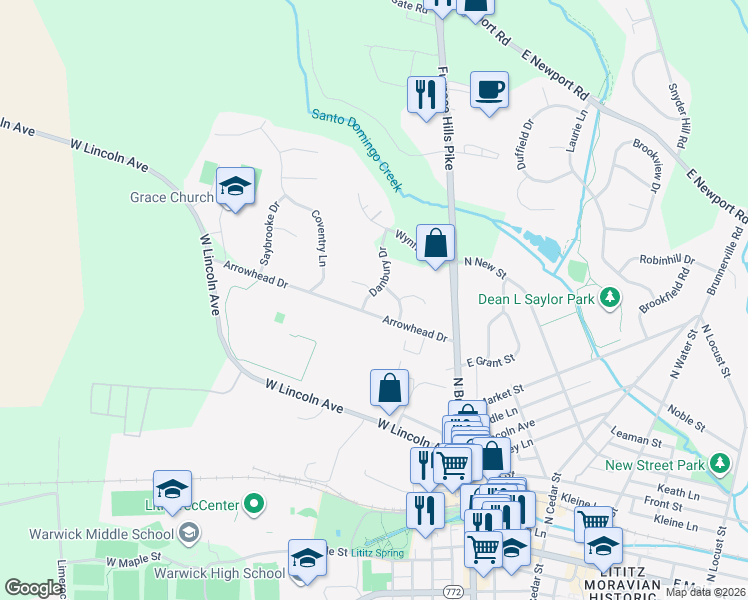 map of restaurants, bars, coffee shops, grocery stores, and more near 465 Sturbridge Drive in Lititz