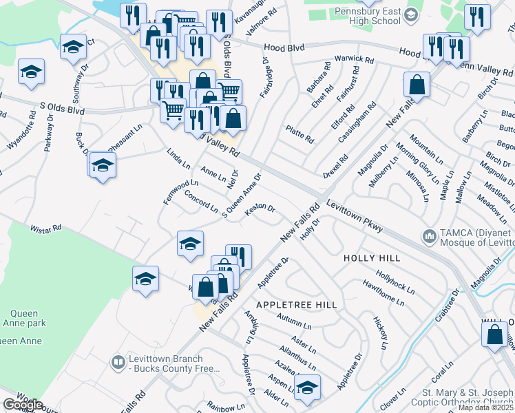 map of restaurants, bars, coffee shops, grocery stores, and more near 622 Keston Drive in Fairless Hills