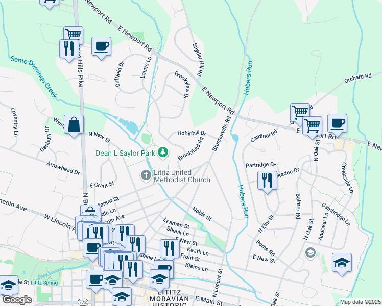 map of restaurants, bars, coffee shops, grocery stores, and more near 50 Brookfield Road in Lititz