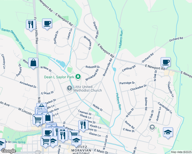 map of restaurants, bars, coffee shops, grocery stores, and more near 62 Brookfield Road in Lititz