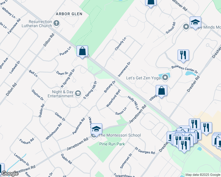 map of restaurants, bars, coffee shops, grocery stores, and more near 1729 Brittany Drive in Maple Glen