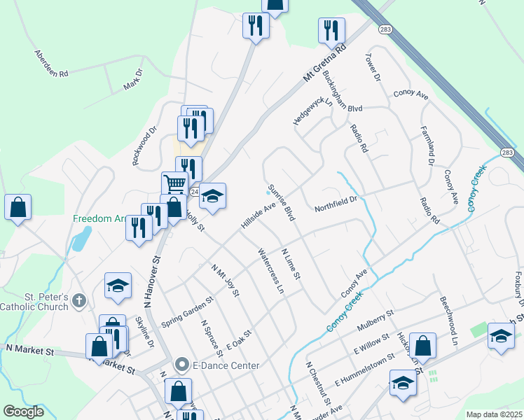 map of restaurants, bars, coffee shops, grocery stores, and more near 424 Hillside Avenue in Elizabethtown