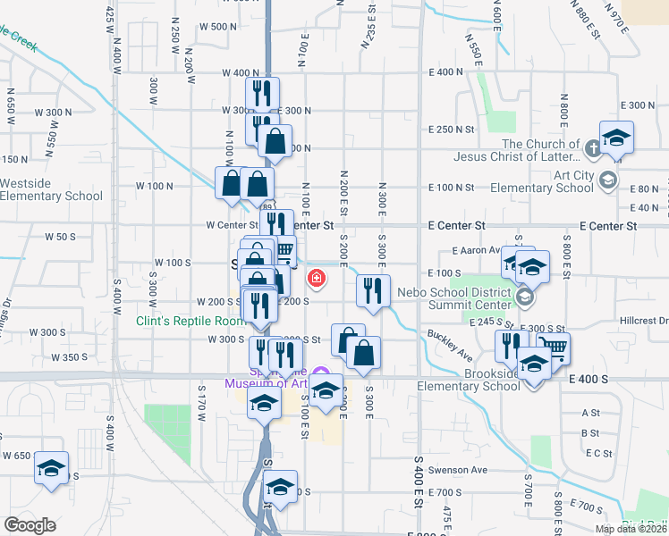 map of restaurants, bars, coffee shops, grocery stores, and more near 90 South 200 East in Springville