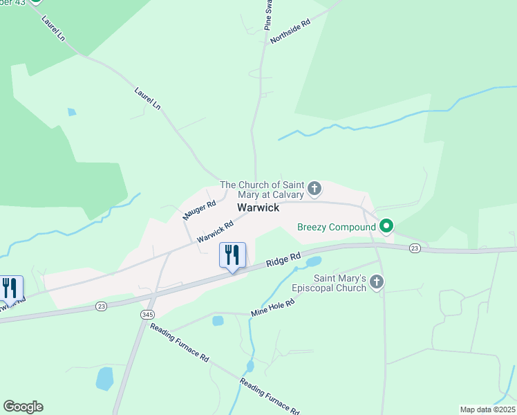 map of restaurants, bars, coffee shops, grocery stores, and more near 193 Warwick Road in Elverson