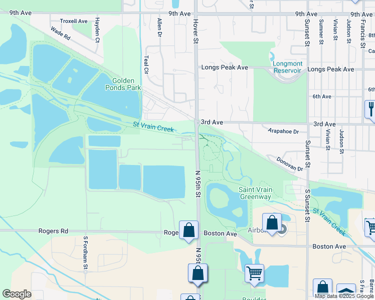 map of restaurants, bars, coffee shops, grocery stores, and more near 203 Hover Street in Longmont