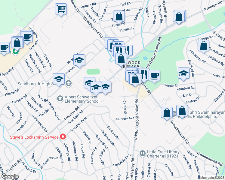 map of restaurants, bars, coffee shops, grocery stores, and more near 2619 Trenton Road in Levittown