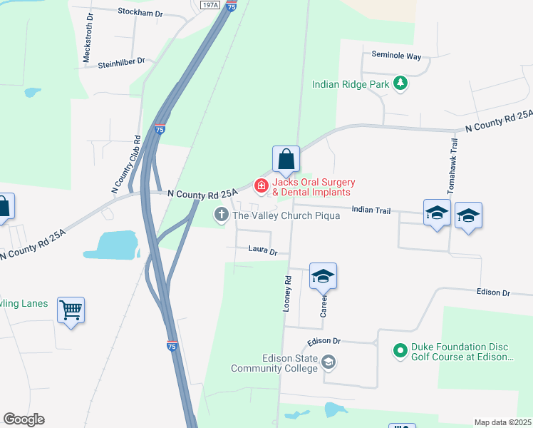 map of restaurants, bars, coffee shops, grocery stores, and more near 1024 Jill Court in Piqua
