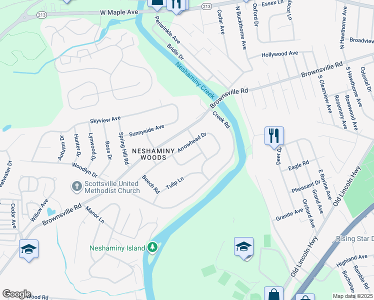 map of restaurants, bars, coffee shops, grocery stores, and more near 2641 Arrowhead Drive in Langhorne