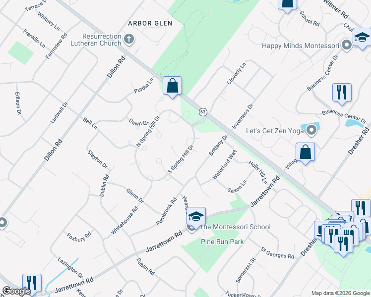 map of restaurants, bars, coffee shops, grocery stores, and more near 1500 Salaway Court in Maple Glen
