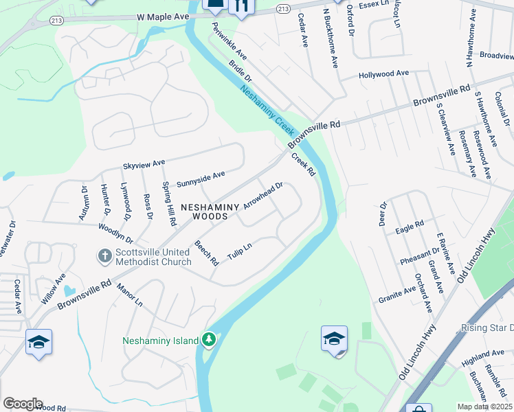 map of restaurants, bars, coffee shops, grocery stores, and more near 2641 Arrowhead Drive in Langhorne