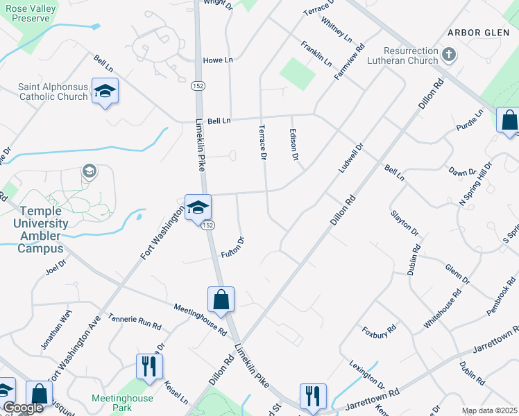 map of restaurants, bars, coffee shops, grocery stores, and more near 1548 Terrace Drive in Maple Glen