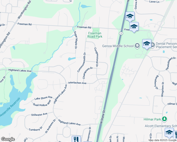 map of restaurants, bars, coffee shops, grocery stores, and more near 6250 Champions Drive in Westerville