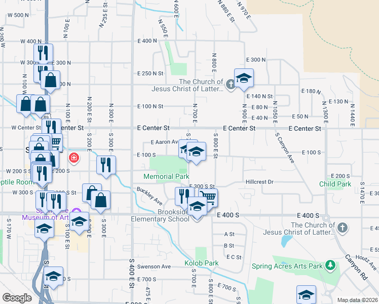 map of restaurants, bars, coffee shops, grocery stores, and more near 701 East 100 South Street in Springville