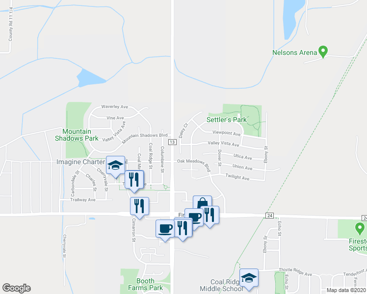 map of restaurants, bars, coffee shops, grocery stores, and more near 6050 Valley Vista Avenue in Firestone
