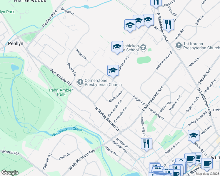 map of restaurants, bars, coffee shops, grocery stores, and more near 440 Houston Road in Ambler