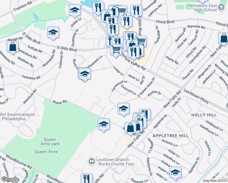 map of restaurants, bars, coffee shops, grocery stores, and more near 556 Fernwood Lane in Fairless Hills