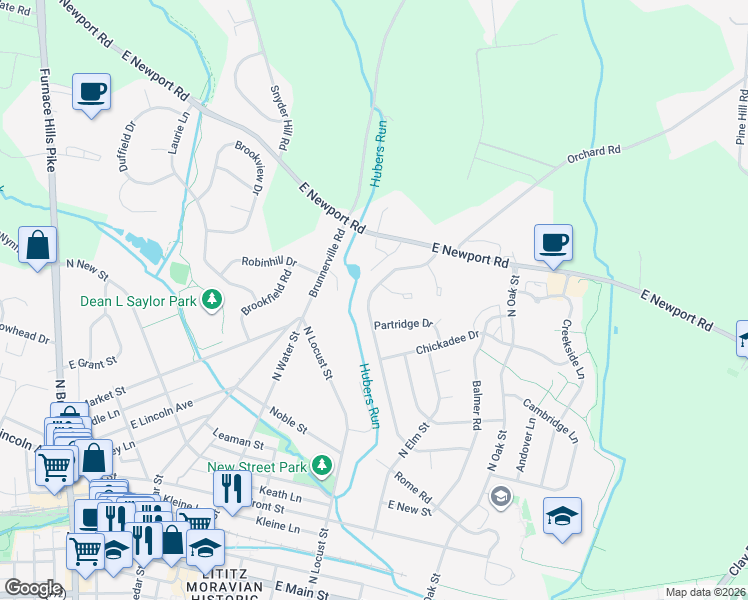 map of restaurants, bars, coffee shops, grocery stores, and more near 335 Cardinal Road in Lititz