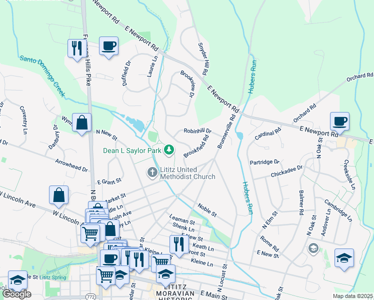 map of restaurants, bars, coffee shops, grocery stores, and more near 33 Brookfield Road in Lititz