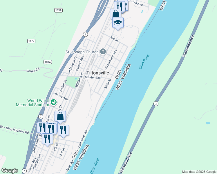 map of restaurants, bars, coffee shops, grocery stores, and more near 314 Main Street in Tiltonsville