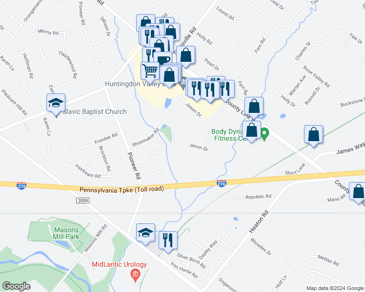map of restaurants, bars, coffee shops, grocery stores, and more near 2064 Jason Drive in Montgomery County