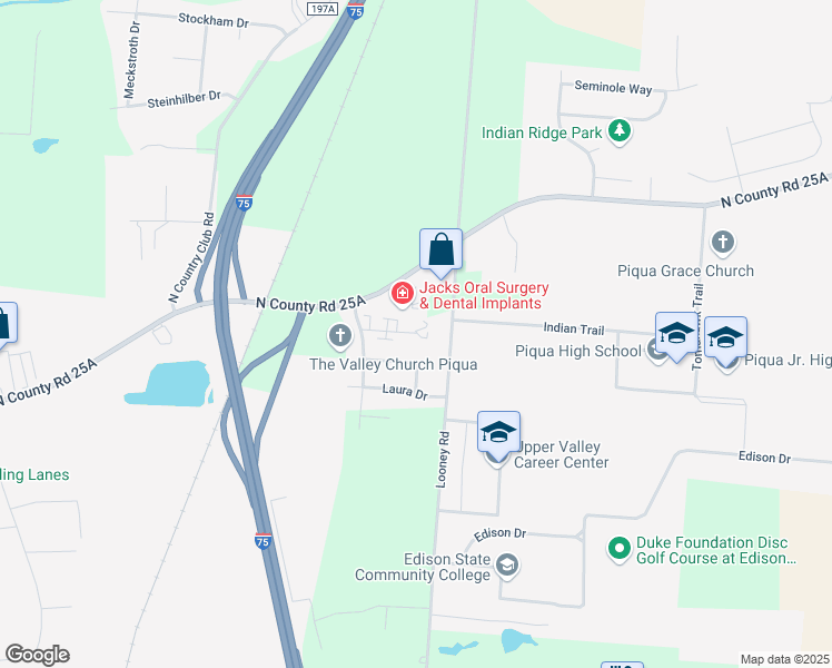 map of restaurants, bars, coffee shops, grocery stores, and more near 1043 Jill Court in Piqua