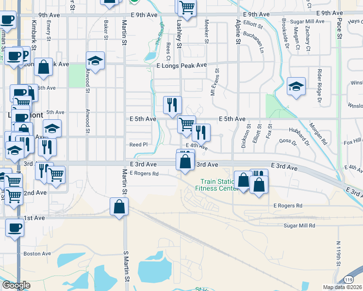 map of restaurants, bars, coffee shops, grocery stores, and more near 203 East 4th Avenue in Longmont